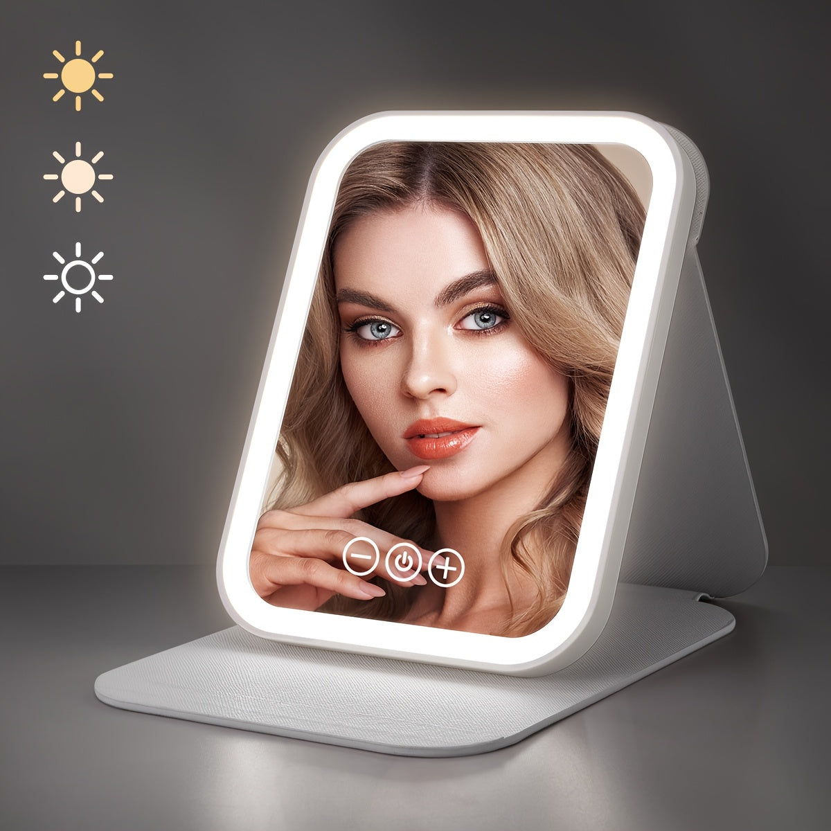 Illuminated Makeup Mirror, Travel-Friendly Lighted Beauty Mirror, Three Color Settings, Touch Screen, Rechargeable LED Folding Vanity Mirror for Cosmetics