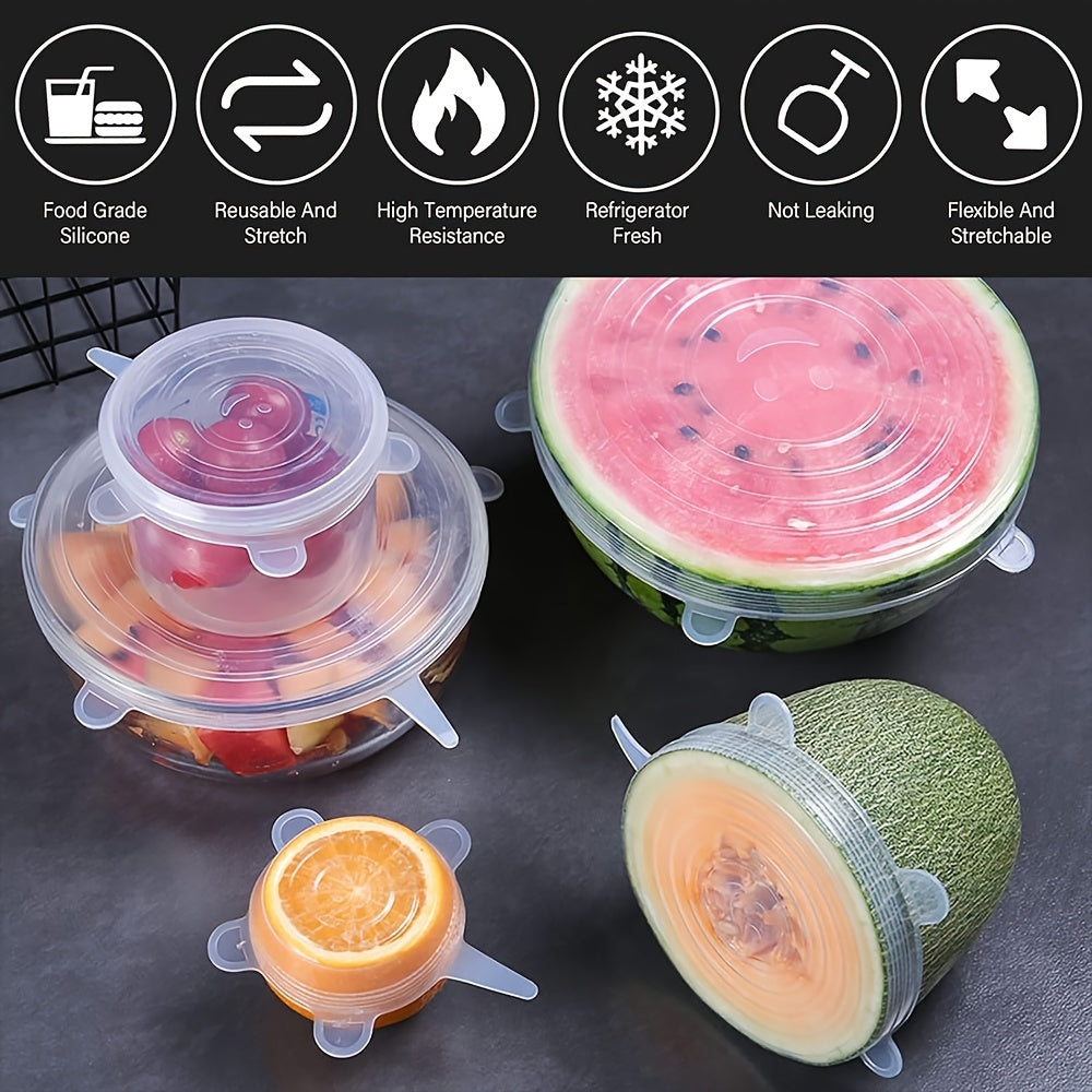6pcs Silicone Stretch Lids - Reusable & Washable Bowl Covers, Kitchen & Dining Essentials