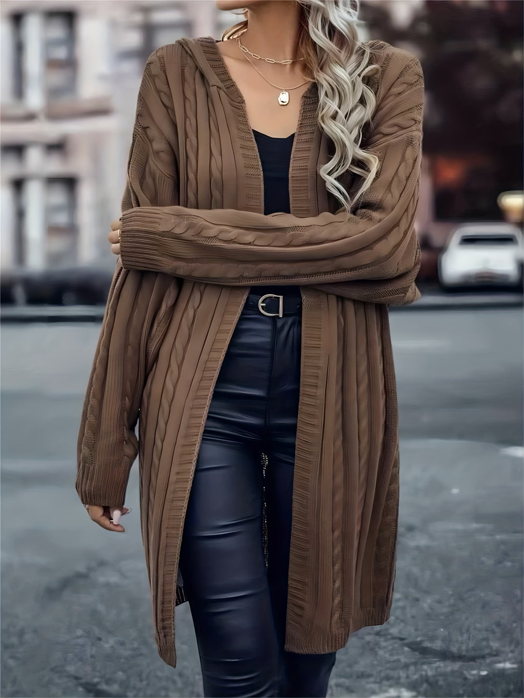 Cozy Cable Knit Hooded Cardigan - Women's Long Sleeve Sweater Coat