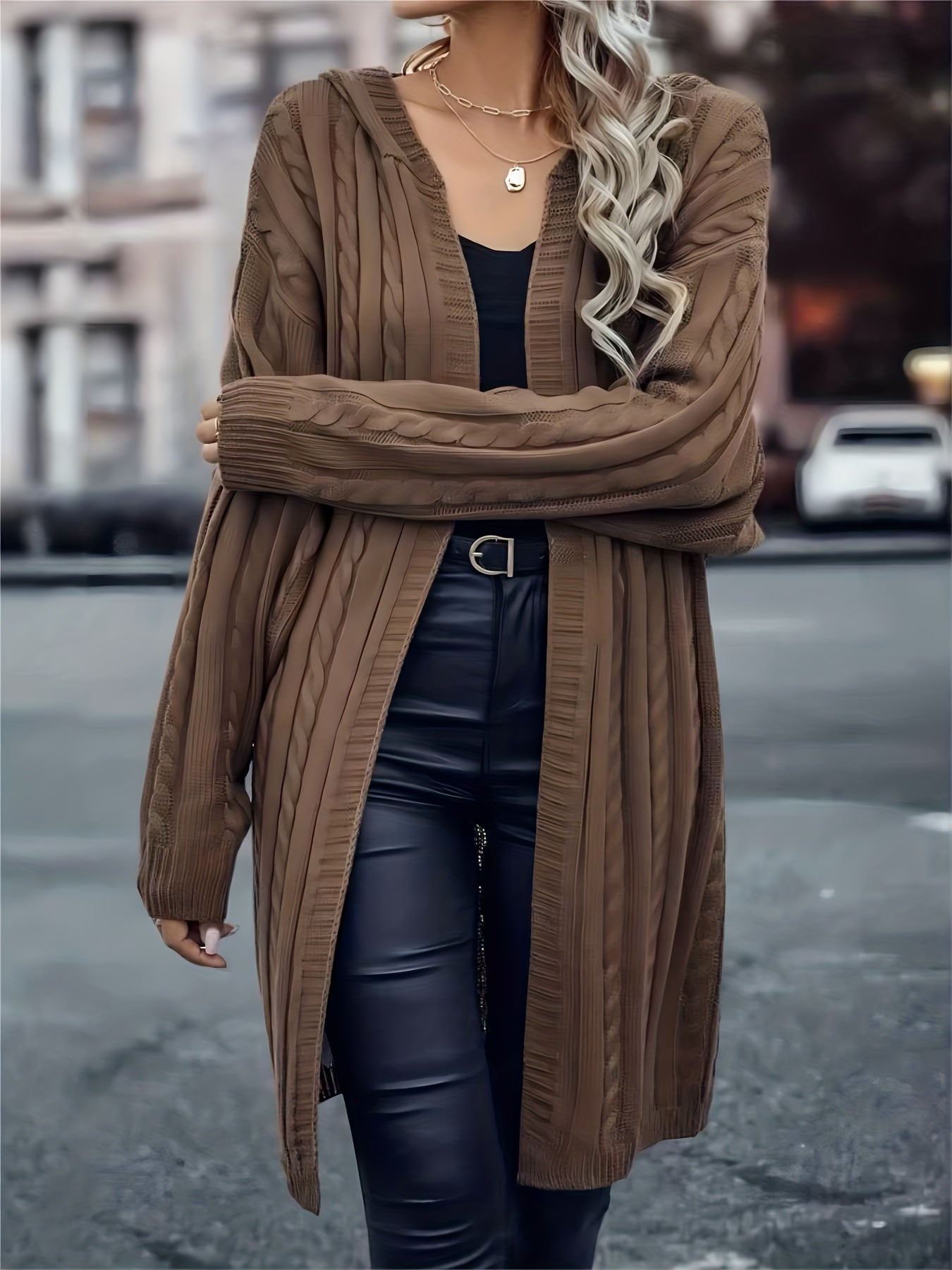 Cozy Cable Knit Hooded Cardigan - Women's Long Sleeve Sweater Coat