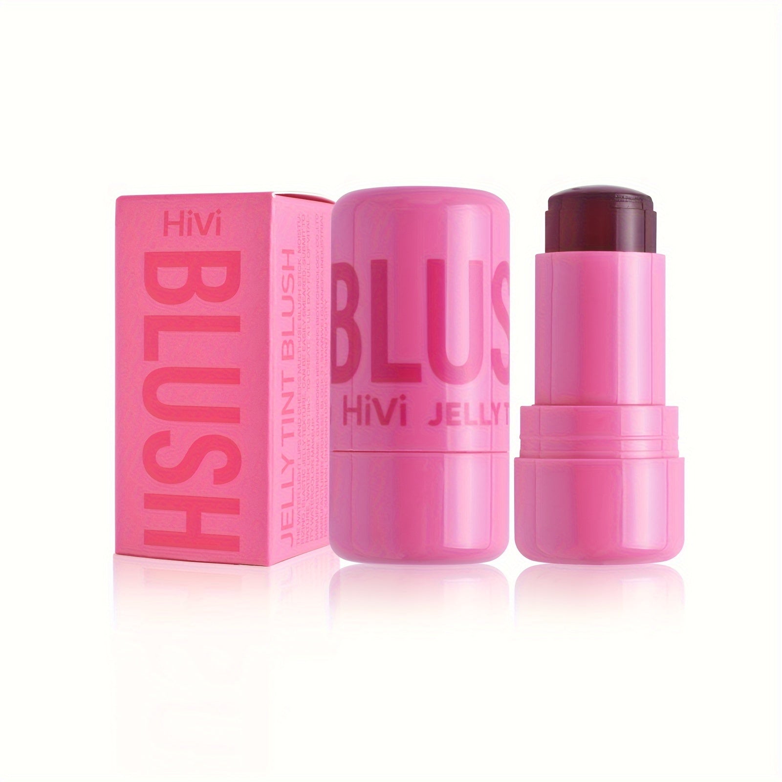 AuraNest waterproof jelly blush stick applied on cheeks and lips, showing its dual-use, vibrant pink color, and smooth texture.