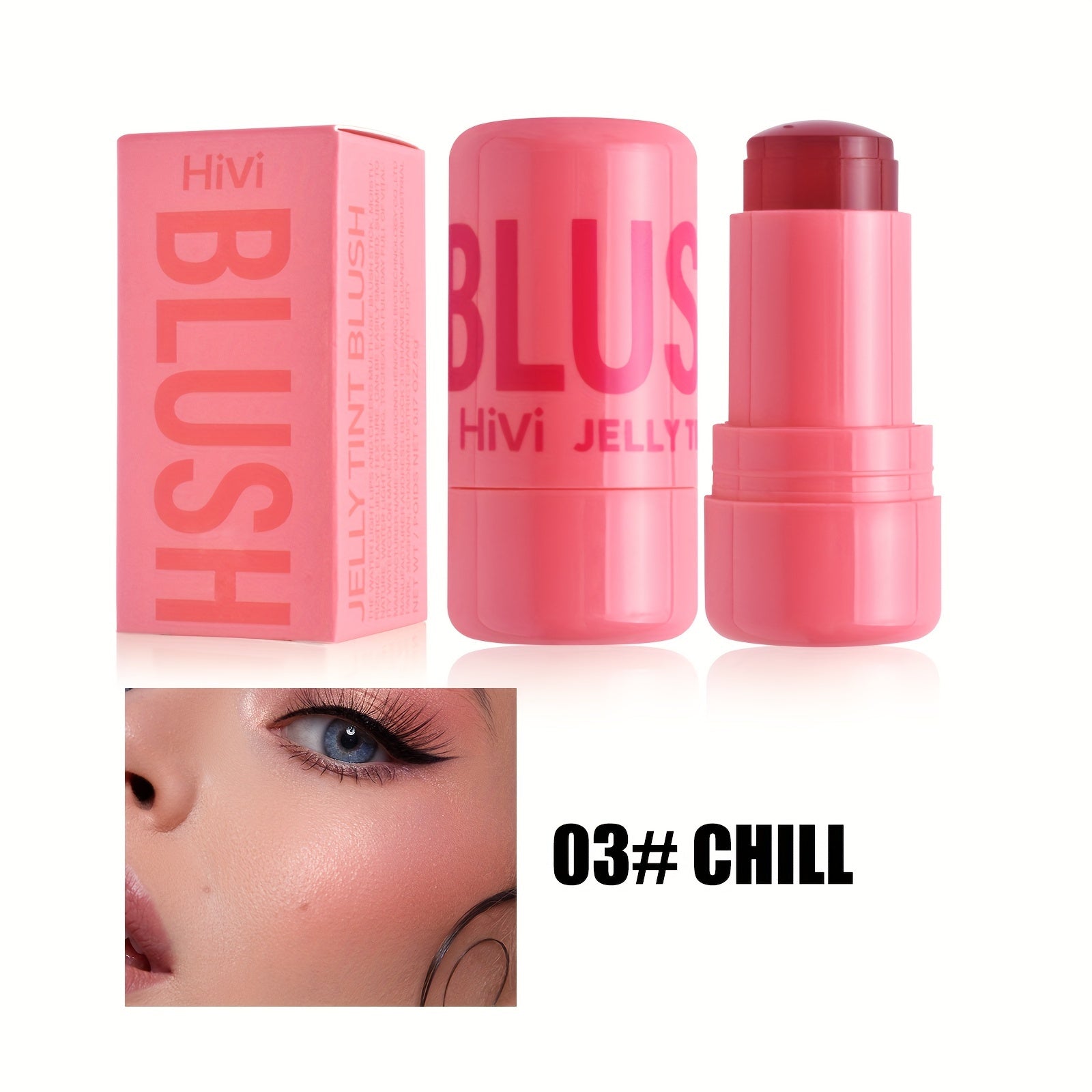 AuraNest waterproof jelly blush stick with dual-use for lips and cheeks, featuring a smooth, glossy pink formula.