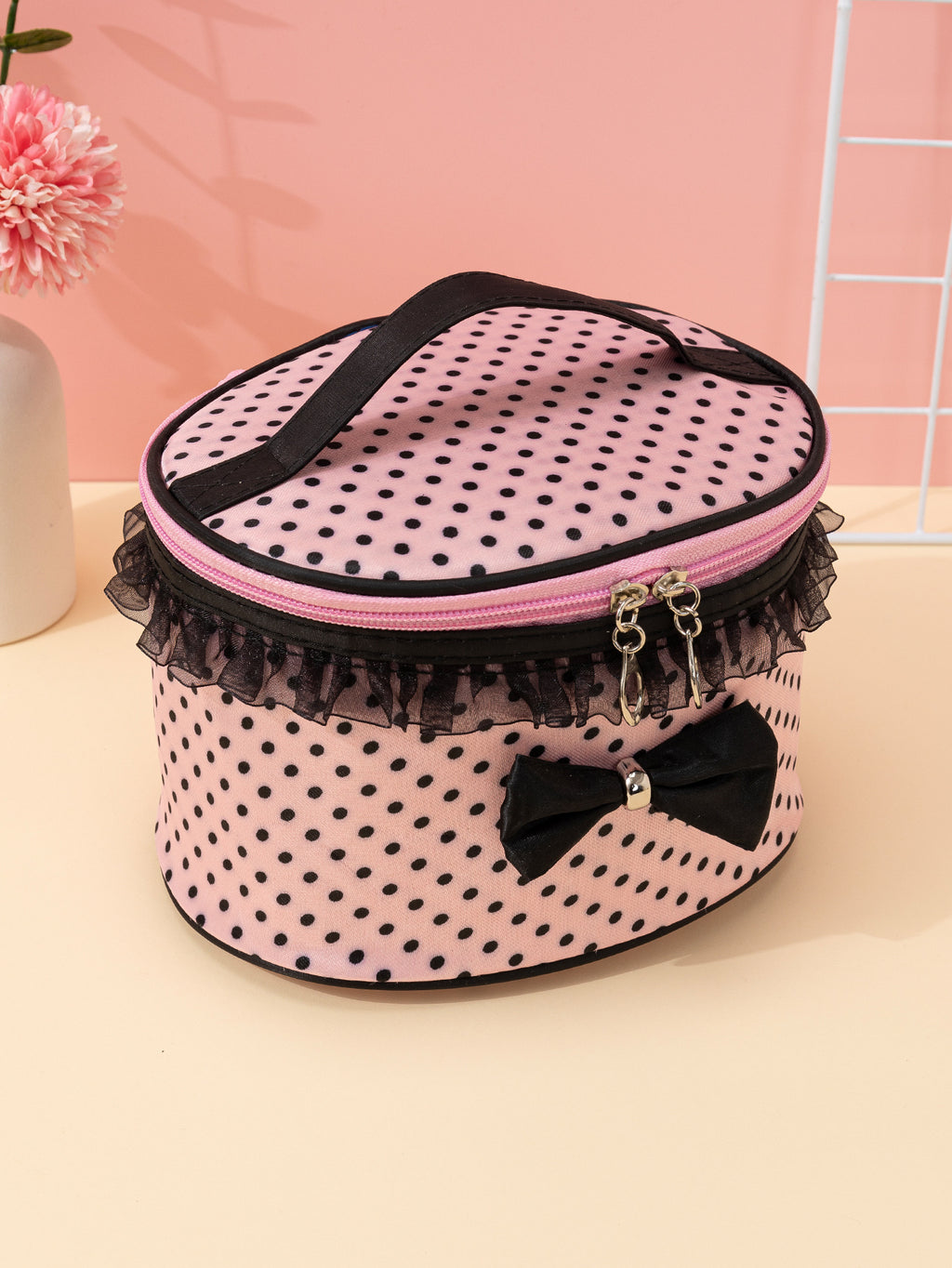 Stylish And Spacious Cosmetic Bag With Zipper And Dot Print For Travel And Makeup Organization