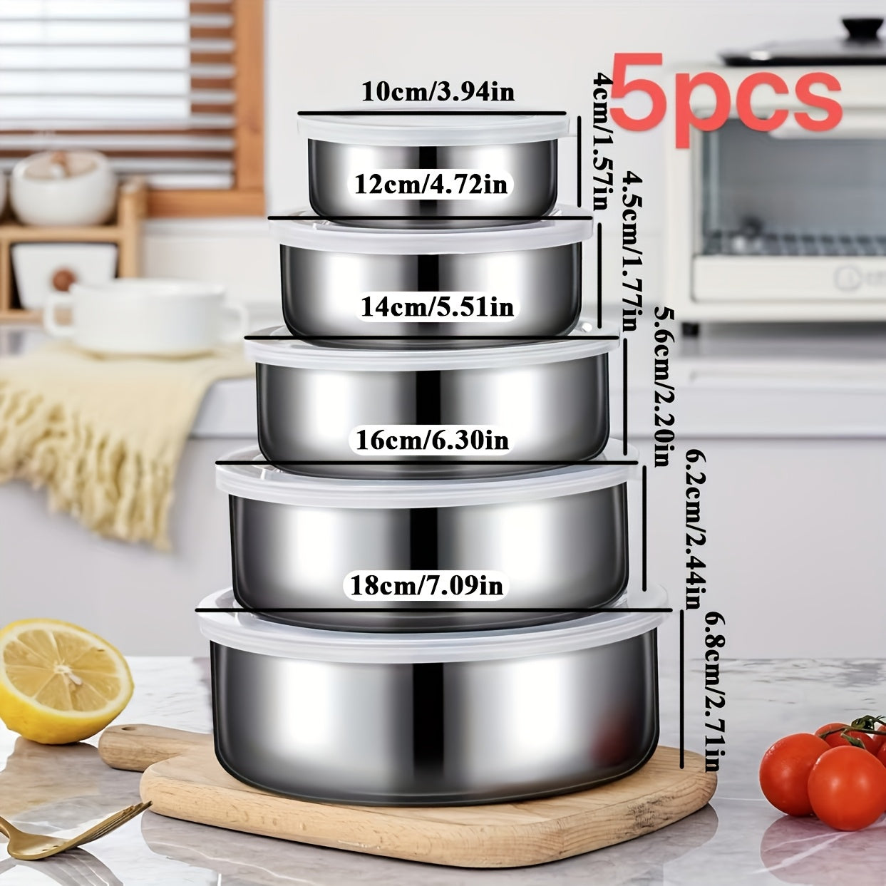 5pcs Stackable Food Storage Containers with Airtight Lids - Leakproof, Dishwasher Safe, Space-Saving Stainless Steel Kitchen Organizer for Meal Prep, Fridge, Pantry - Ideal for Vegetables, Fruits, Snacks, Leftovers - Heavy-Du