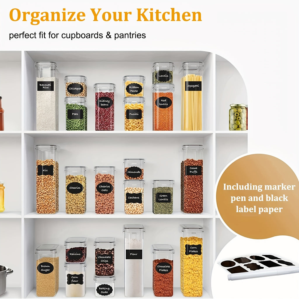 AuraNest airtight food storage containers set with 84 BPA-free plastic containers and lids, stacked neatly for kitchen organization.