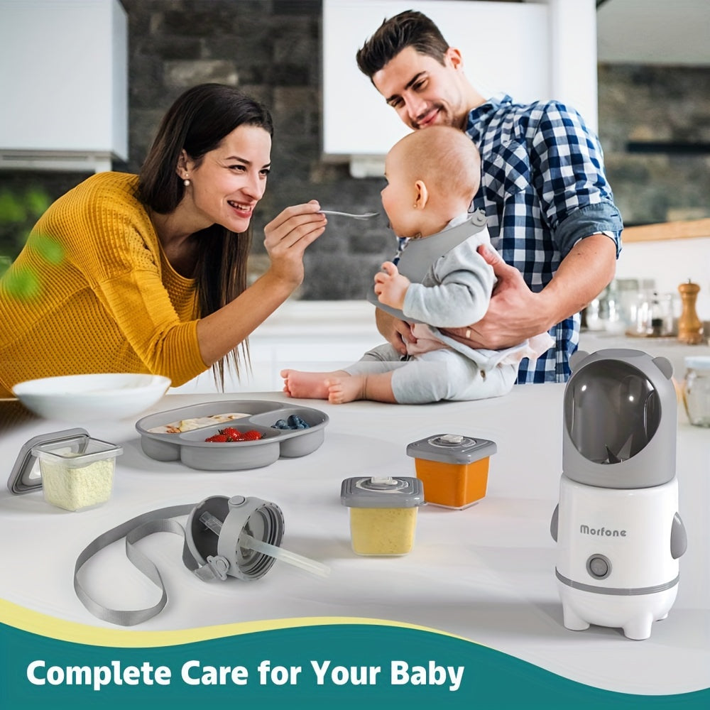 AuraNest Multi-In-One Baby Food Machine with blending and steaming functions, shown on a kitchen countertop.