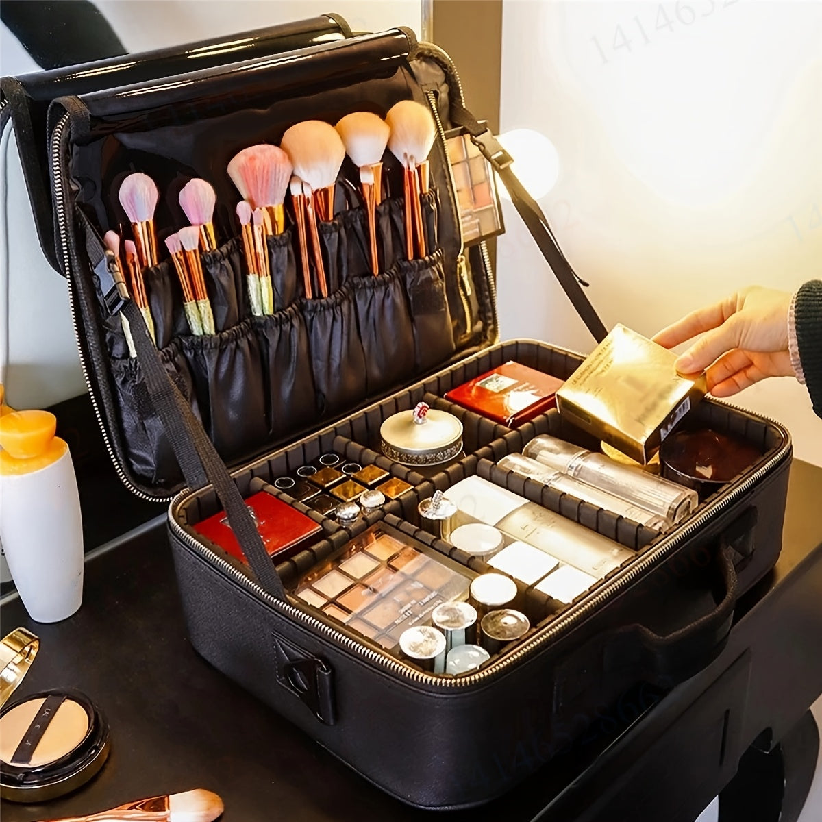 1pc Large Capacity Waterproof Cosmetic Organizer Case with Adjustable Compartments, Durable Detachable Makeup Brushes & Mirror Holder, Multiple Pockets for Travel, Professionals & Daily Use