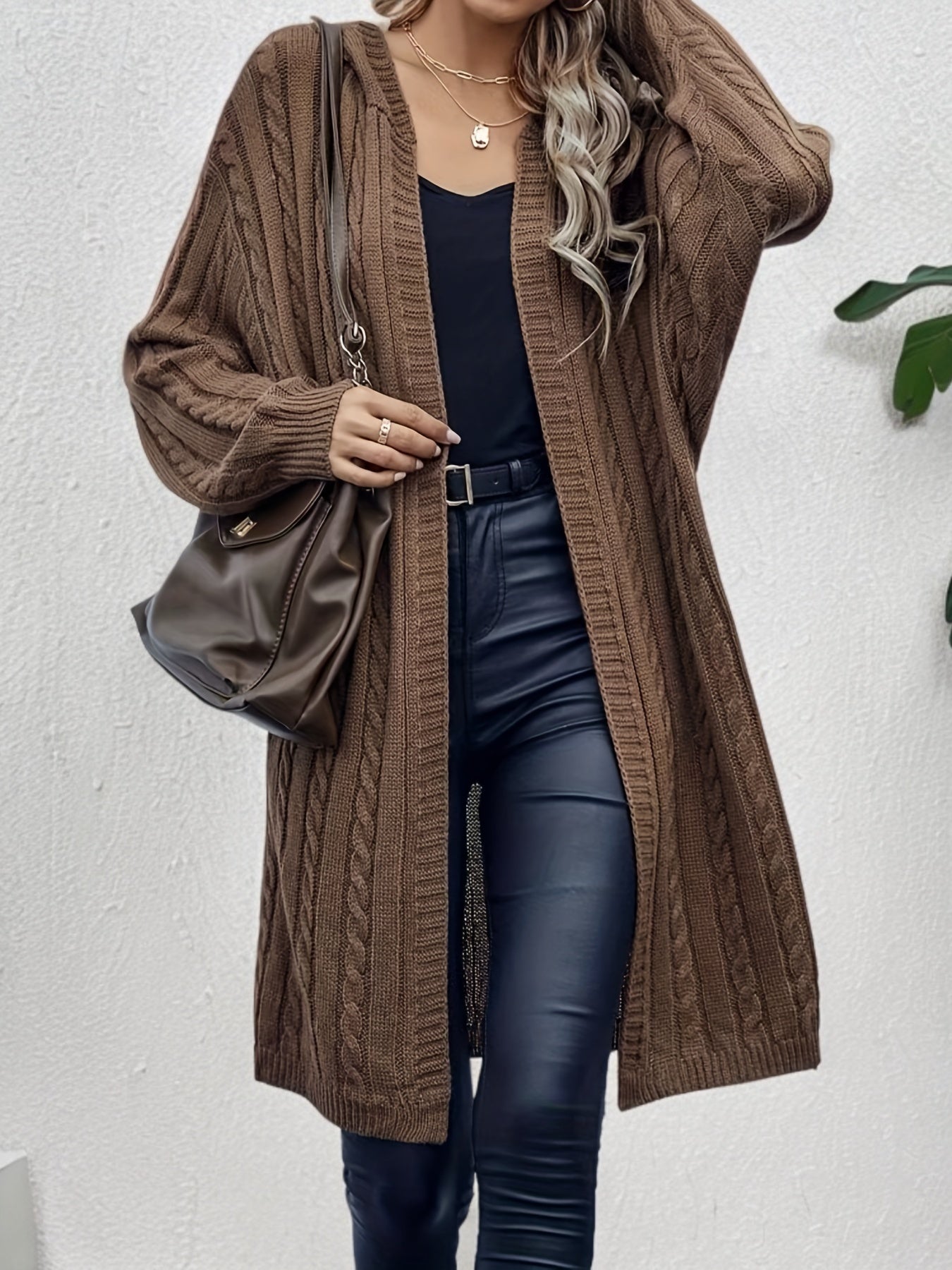 Cozy Cable Knit Hooded Cardigan - Women's Long Sleeve Sweater Coat