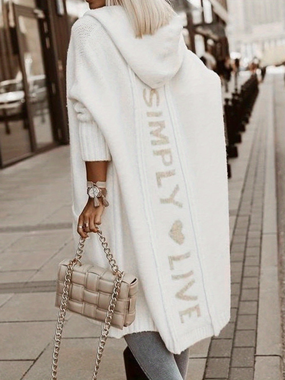 [Cozy Cardigan] Cozy White Hooded Cardigan | Women's Long Sleeve Open Front Sweater with Ribbed Detailing, Loose Fit Mid-Stretch Fall Winter Casual Chic Layering Piece, Medium Elasticity, Breathable Material