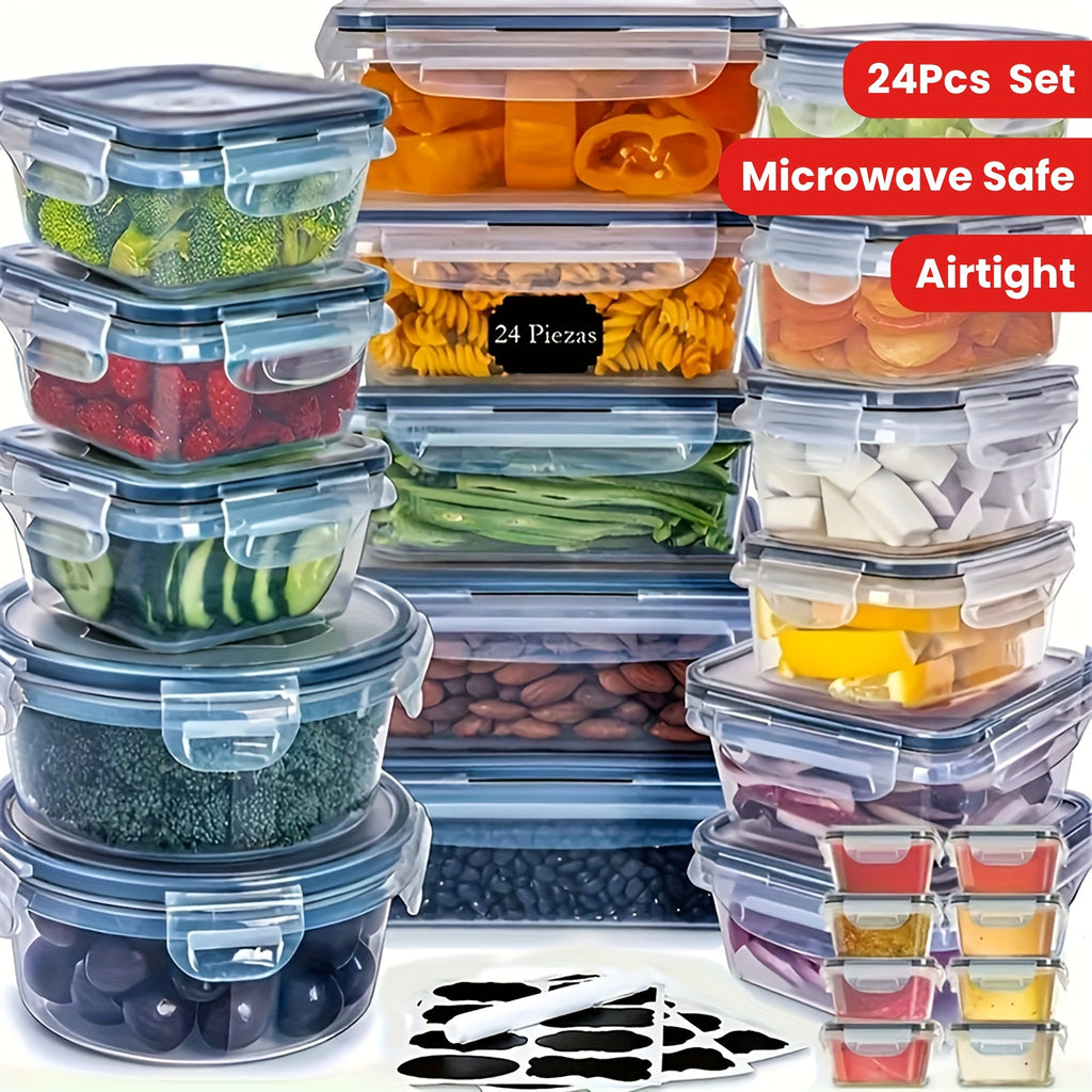 24pcs/Set Of Kitchen Storage Containers With Lids - Microwave Safe, BPA-free Plastic Food Containers For Fruits, Vegetables, Meats And More - Includes Labels And Markers For School, Office, Camping And Picnics