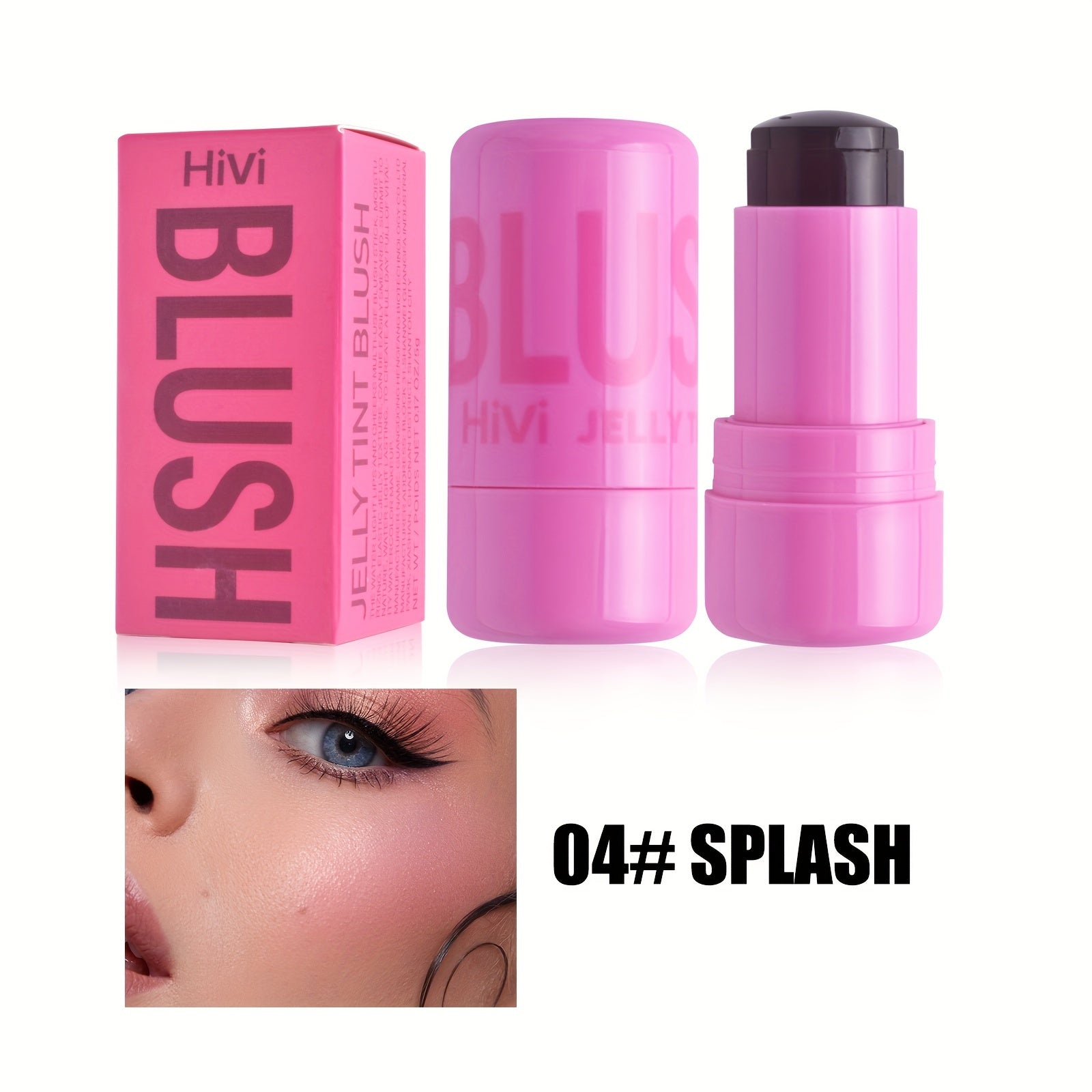 AuraNest waterproof jelly blush stick for lips and cheeks, showing a vibrant pink gel formula in a sleek applicator.