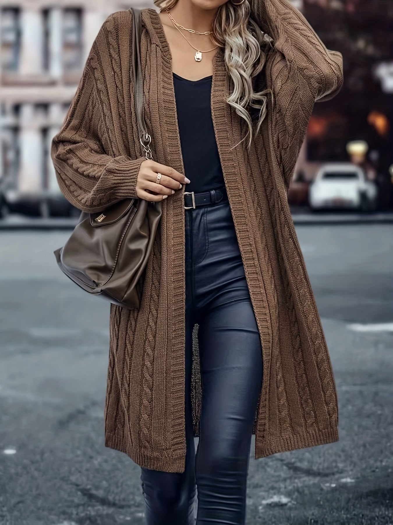 Cozy Cable Knit Hooded Cardigan - Women's Long Sleeve Sweater Coat