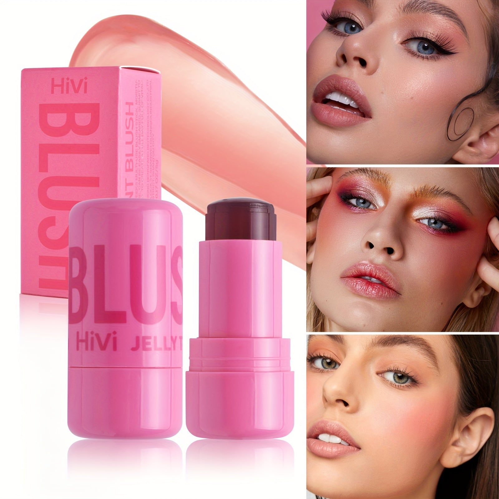 AuraNest waterproof jelly blush stick with dual-use for lips and cheeks, creamy texture and vibrant color in a sleek tube.