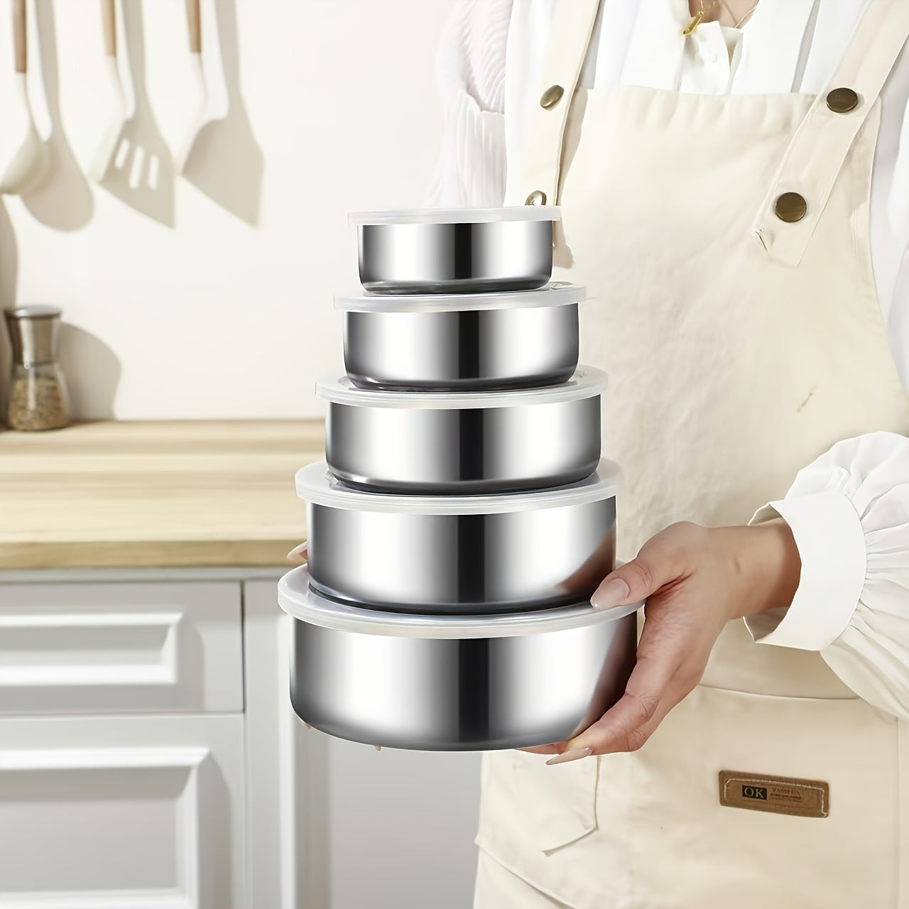 5pcs Stackable Food Storage Containers with Airtight Lids - Leakproof, Dishwasher Safe, Space-Saving Stainless Steel Kitchen Organizer for Meal Prep, Fridge, Pantry - Ideal for Vegetables, Fruits, Snacks, Leftovers - Heavy-Du