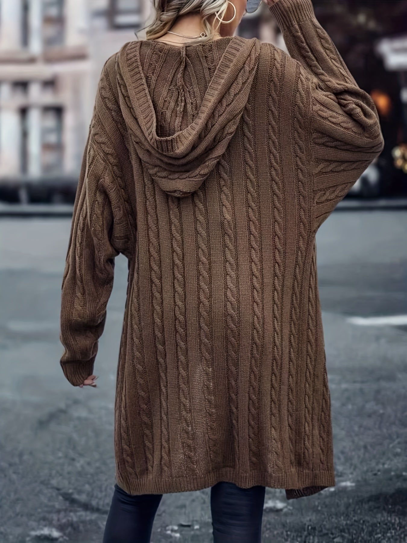 Cozy Cable Knit Hooded Cardigan - Women's Long Sleeve Sweater Coat