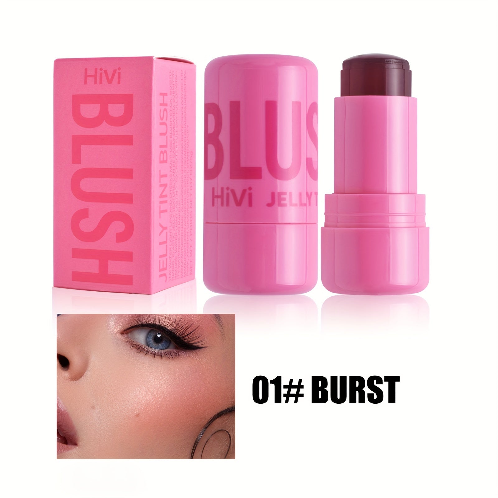 AuraNest waterproof jelly blush stick with dual-use for lips and cheeks, featuring a smooth, glossy pink formula.