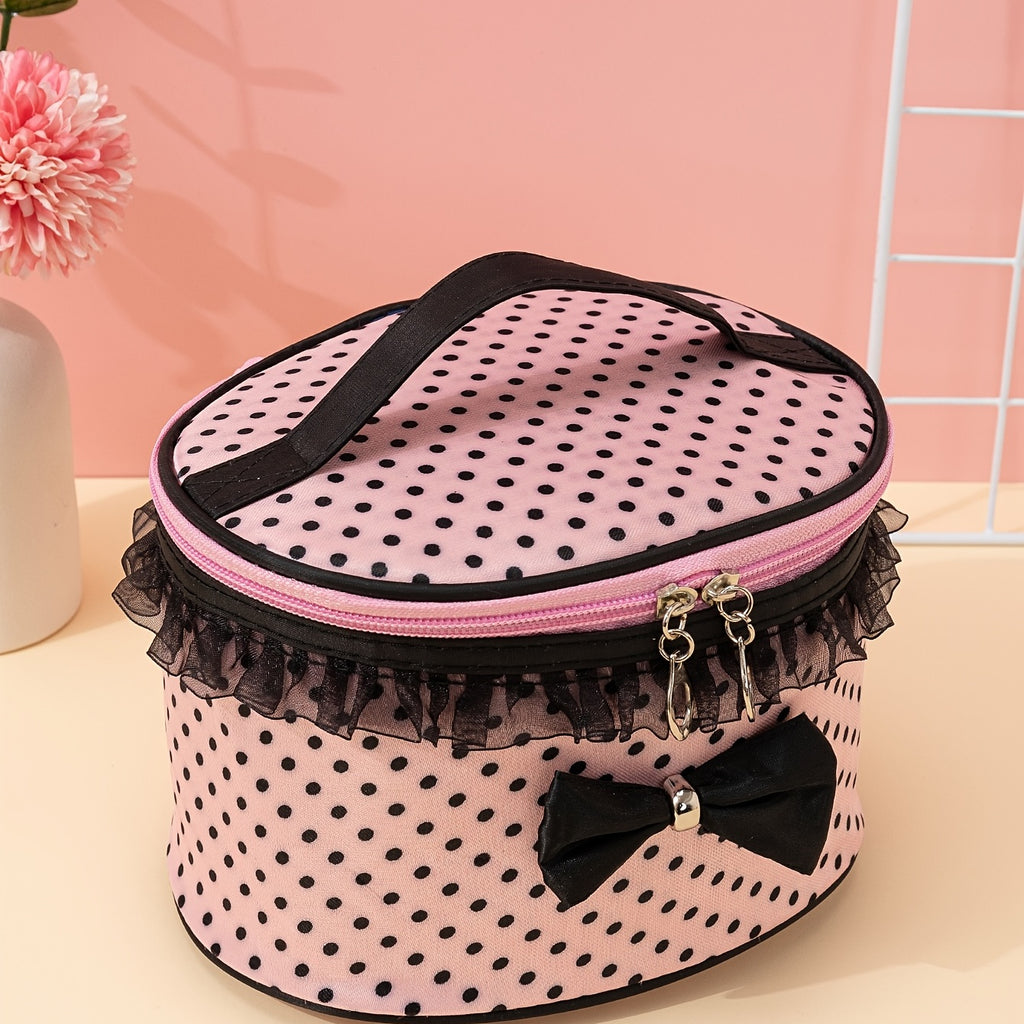 Stylish And Spacious Cosmetic Bag With Zipper And Dot Print For Travel And Makeup Organization