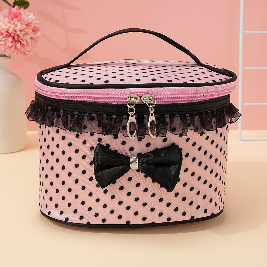Stylish And Spacious Cosmetic Bag With Zipper And Dot Print For Travel And Makeup Organization
