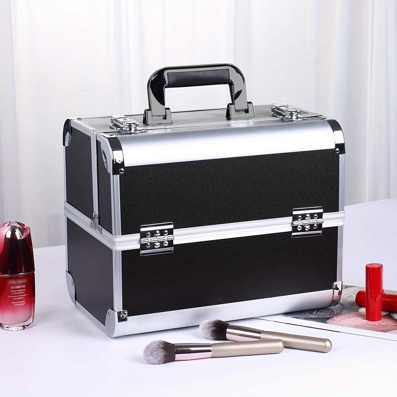 [Makeup Train Case] Portable Multi Compartments Makeup Box - Cosmetic Box with Locks, Jewelry Storage, Beauty Organizer
