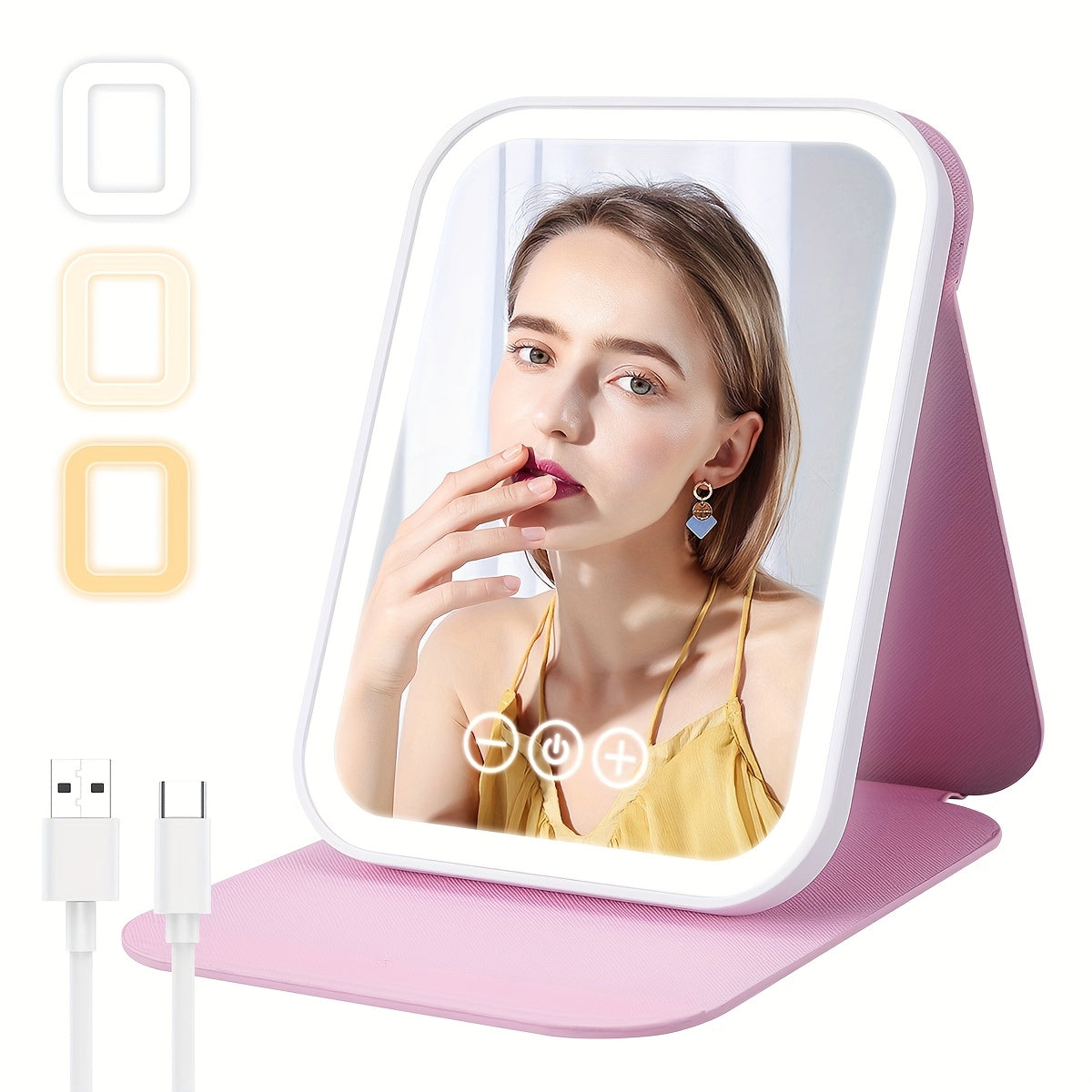Illuminated Makeup Mirror, Travel-Friendly Lighted Beauty Mirror, Three Color Settings, Touch Screen, Rechargeable LED Folding Vanity Mirror for Cosmetics