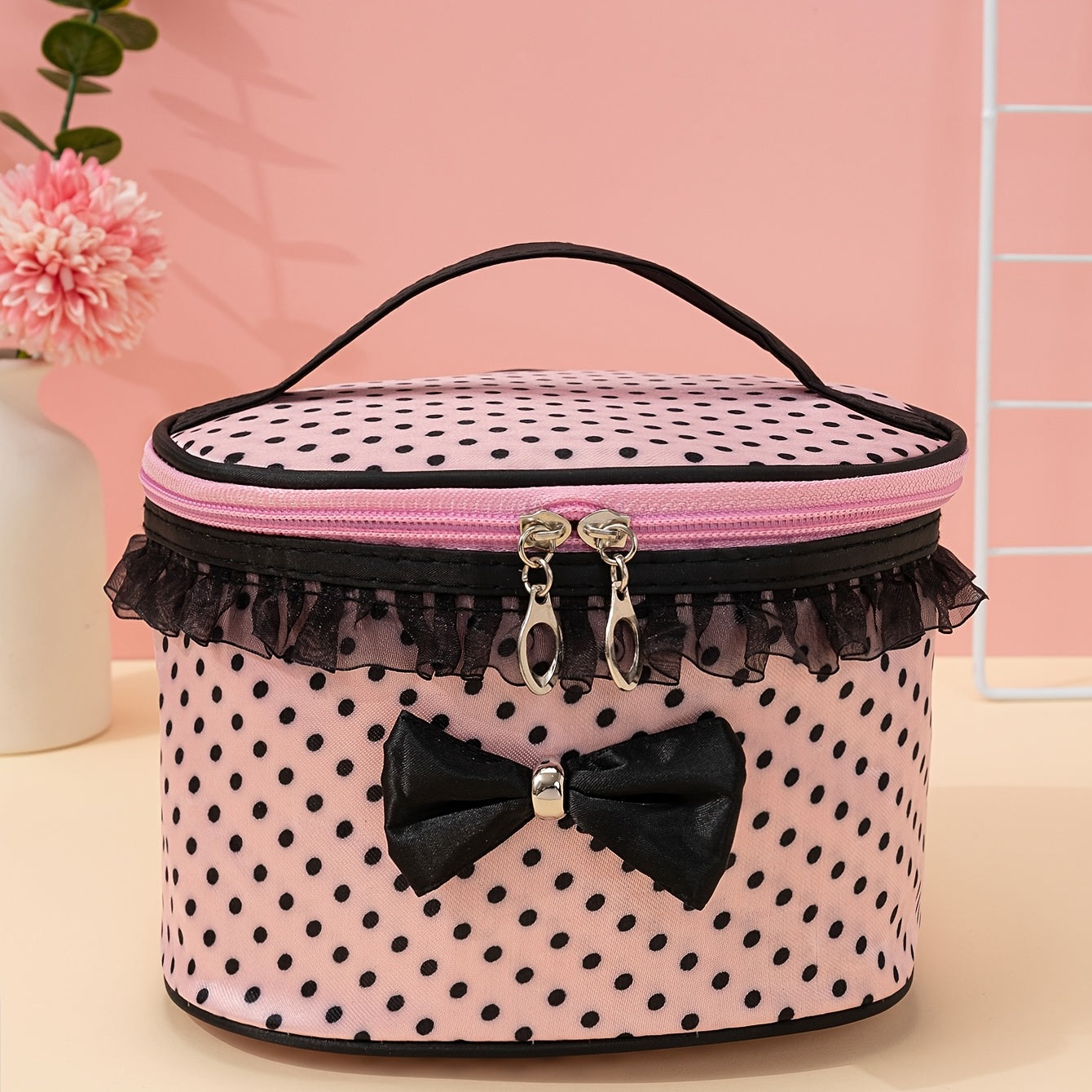 Stylish And Spacious Cosmetic Bag With Zipper And Dot Print For Travel And Makeup Organization