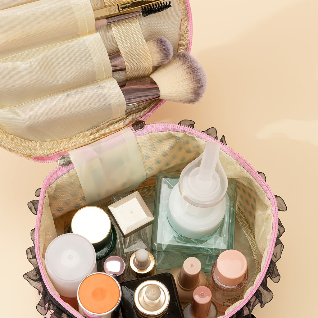 Stylish And Spacious Cosmetic Bag With Zipper And Dot Print For Travel And Makeup Organization