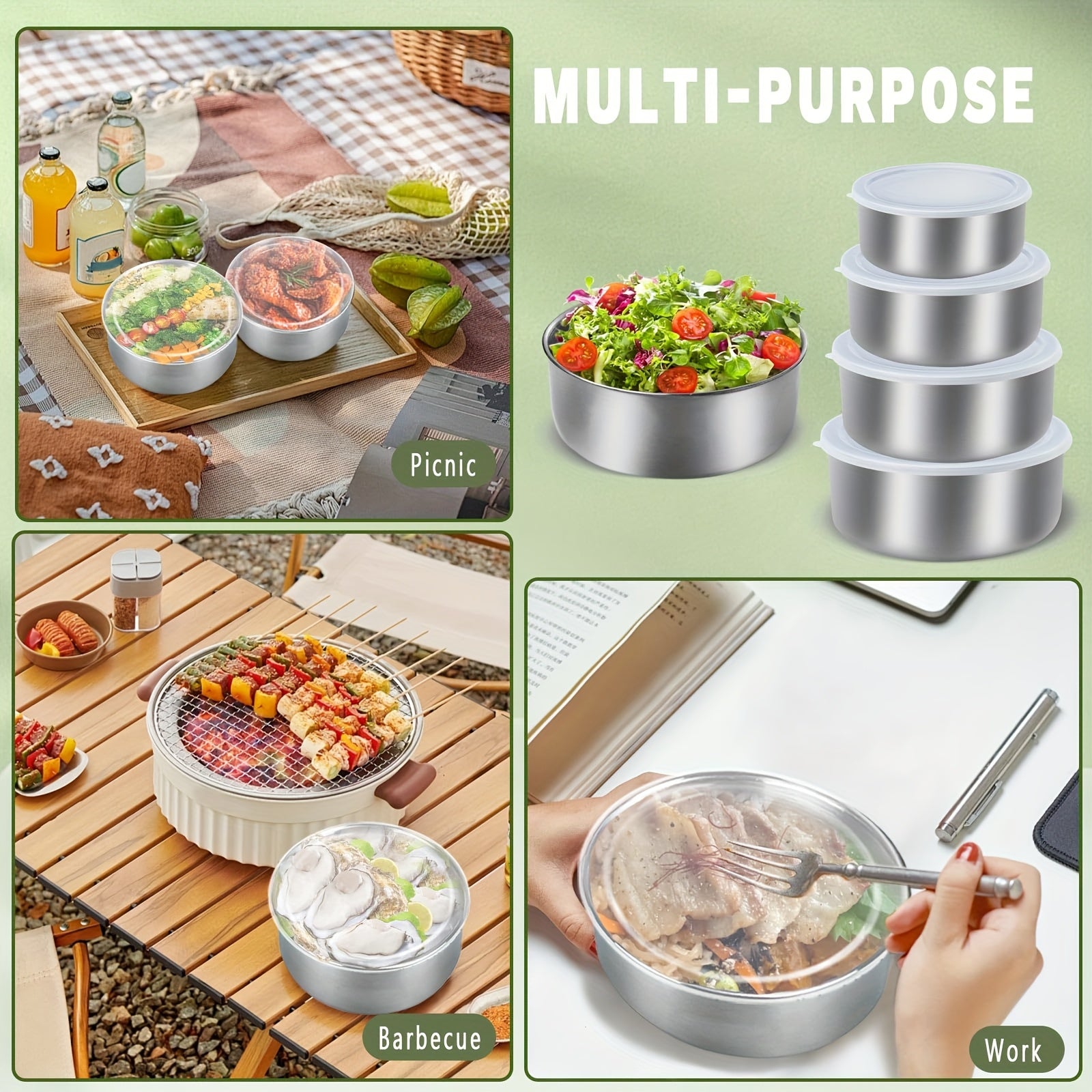 5pcs Stackable Food Storage Containers with Airtight Lids - Leakproof, Dishwasher Safe, Space-Saving Stainless Steel Kitchen Organizer for Meal Prep, Fridge, Pantry - Ideal for Vegetables, Fruits, Snacks, Leftovers - Heavy-Du