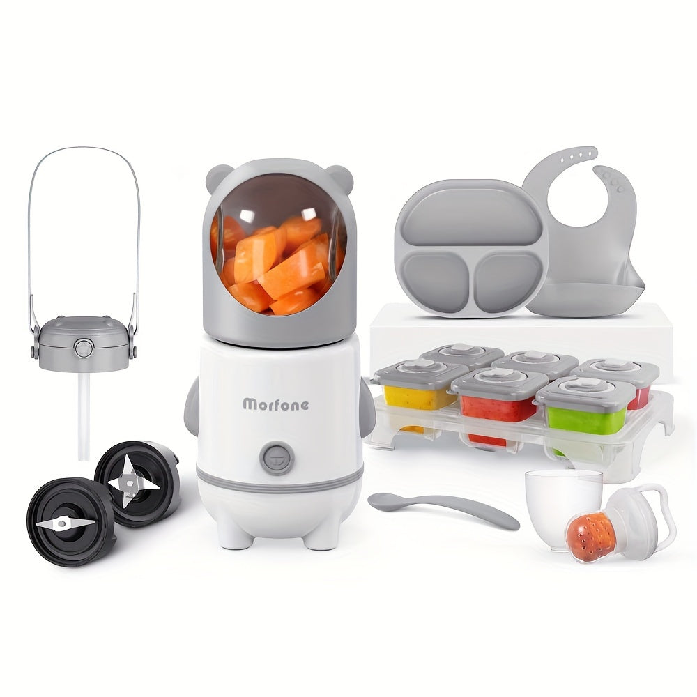 AuraNest Multi-In-One Baby Food Machine with blending jars, steaming basket, and control panel for homemade baby purees.