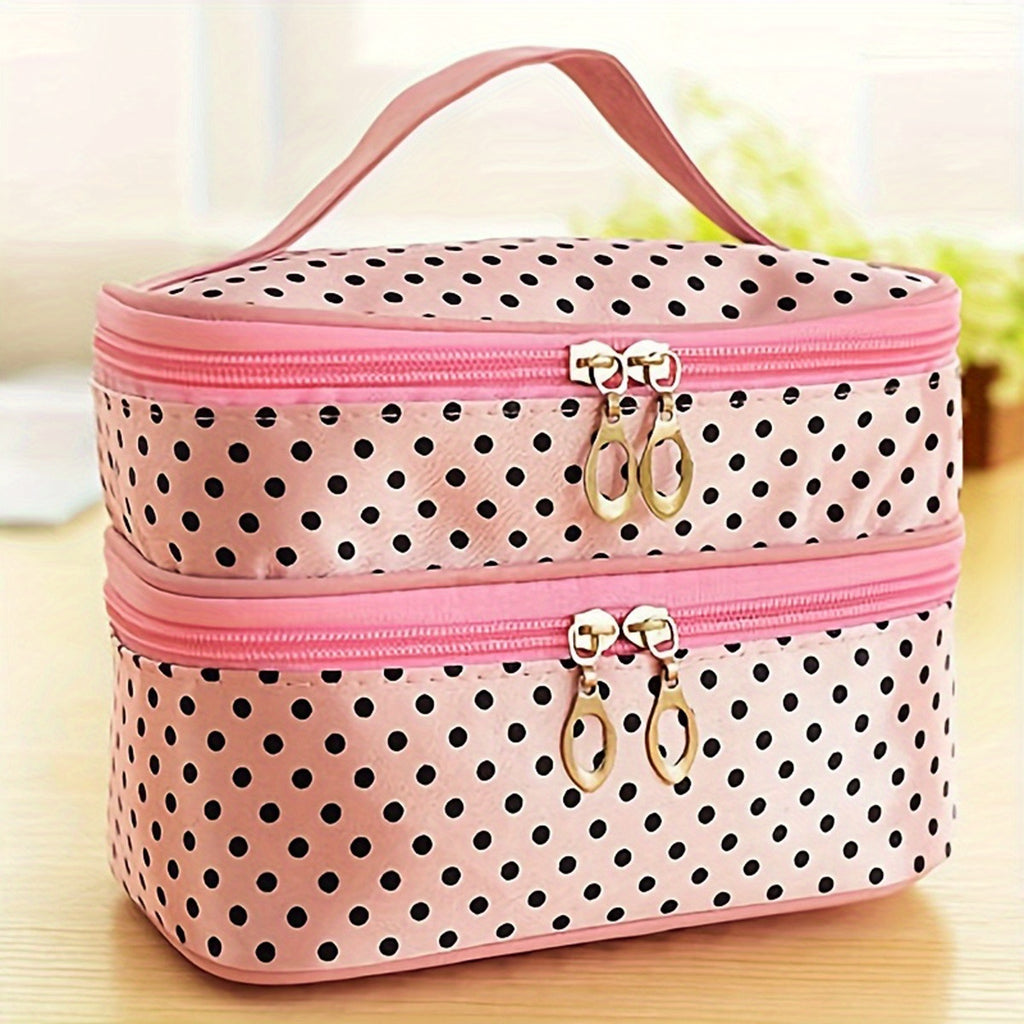 AuraNest double-layer makeup bag with pink polka dots, designed for skincare product storage and organization.
