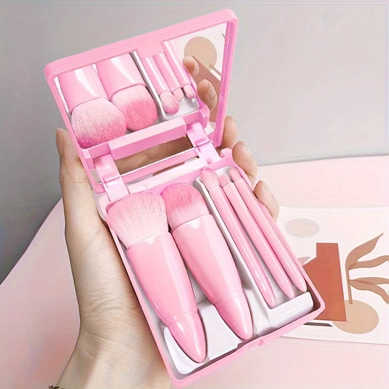5Pcs Portable Makeup Brush Set With Mirror -  Foldable Travel Kit, Travel Makeup Brush Set