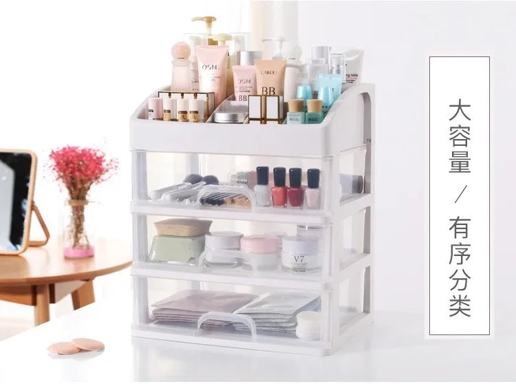 AuraNest plastic cosmetic storage box with multiple compartments for organizing makeup and beauty products.