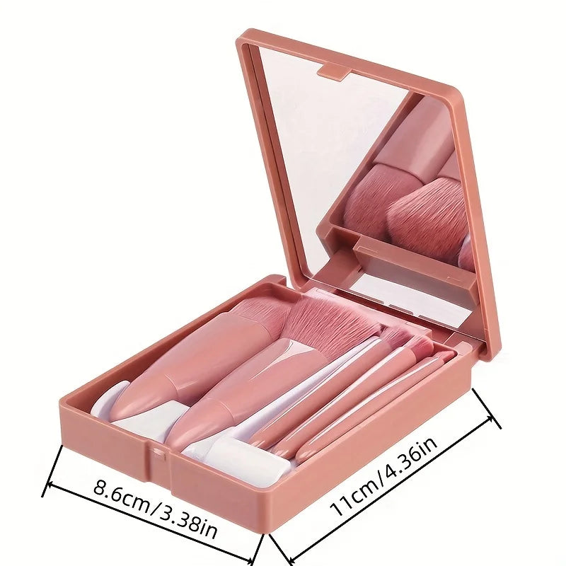 5Pcs Portable Makeup Brush Set With Mirror -  Foldable Travel Kit, Travel Makeup Brush Set