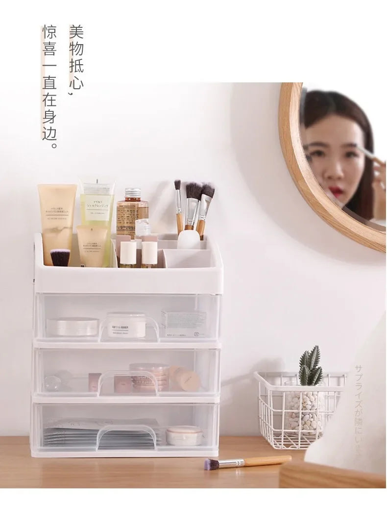 AuraNest plastic cosmetic storage box with multiple compartments for organizing makeup and beauty products.