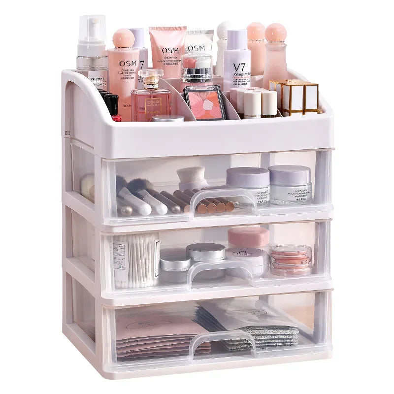 AuraNest plastic cosmetic storage box with multiple compartments for organizing makeup and beauty tools.