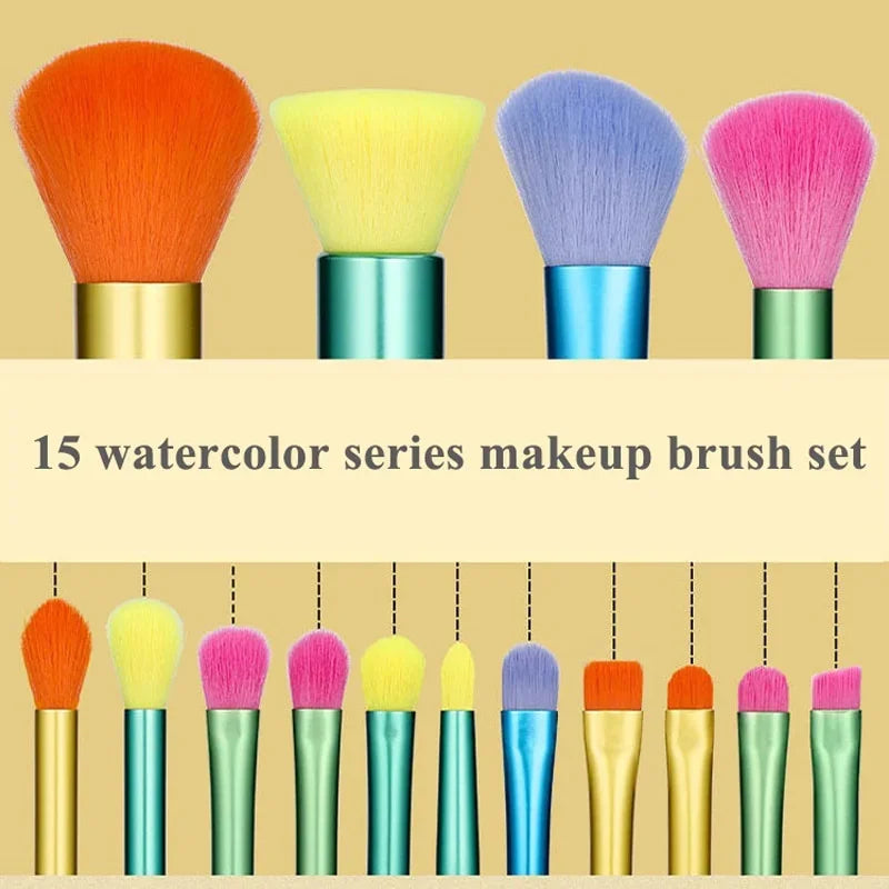 Set of 15 colorful AuraNest makeup brushes with various sizes and shapes for professional makeup application.