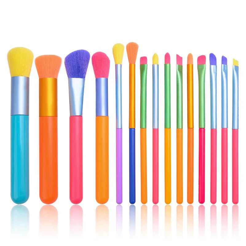 Set of 15 colorful AuraNest makeup brushes with various sizes and shapes for blending, contouring, and applying cosmetics.