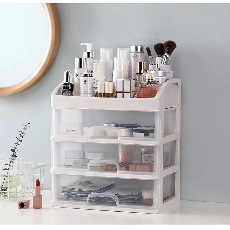 AuraNest plastic cosmetic storage box with multiple compartments for organizing makeup and skincare products.