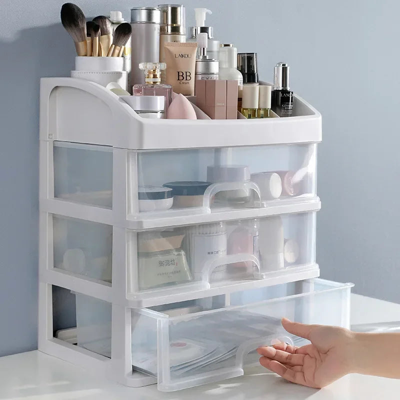 AuraNest plastic cosmetic storage box with multiple compartments for organization and easy access to beauty products