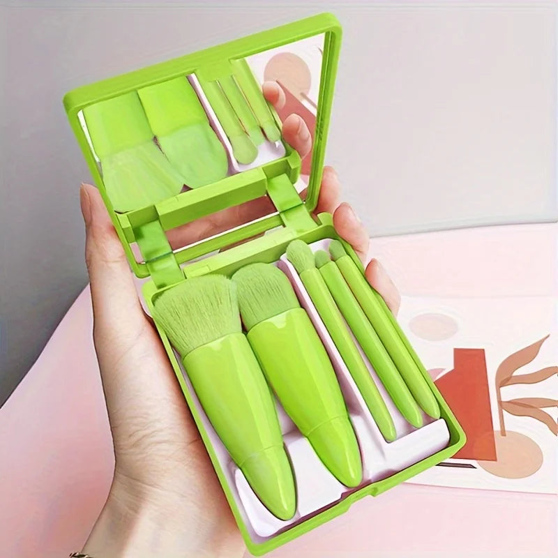 5Pcs Portable Makeup Brush Set With Mirror -  Foldable Travel Kit, Travel Makeup Brush Set