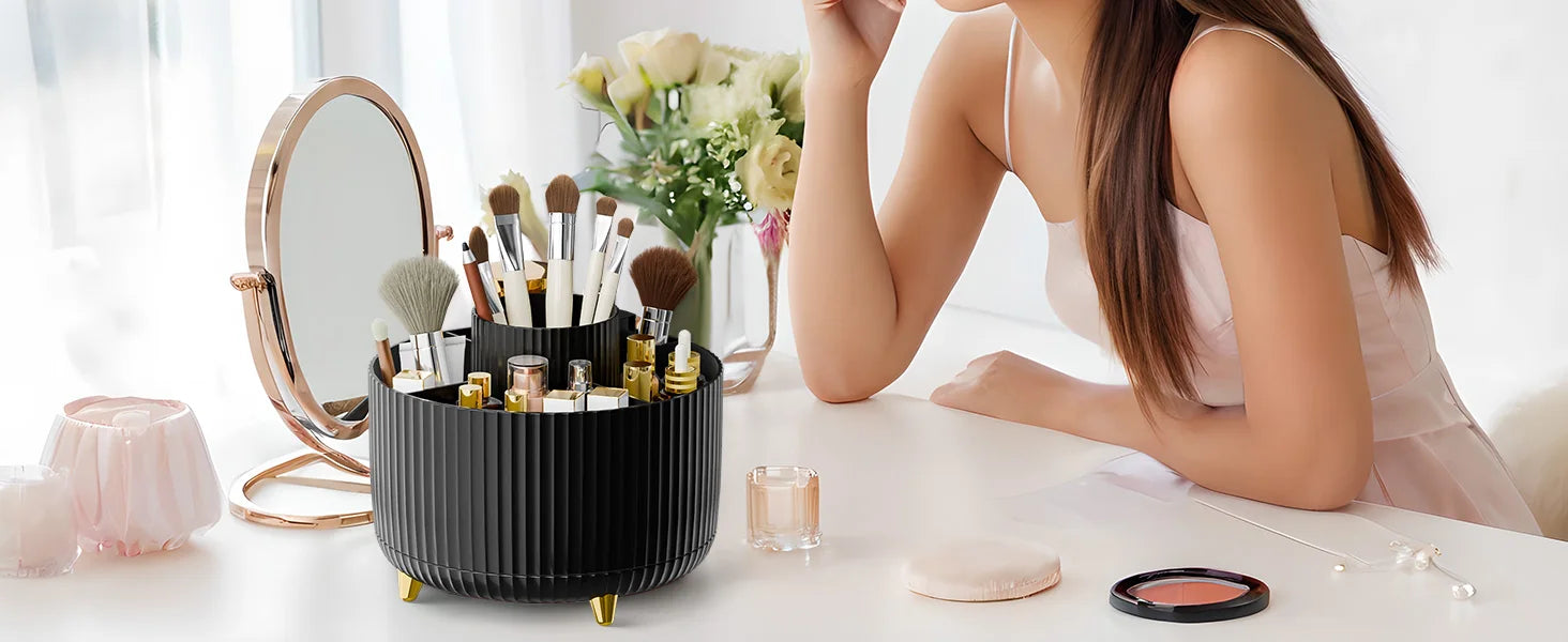 Makeup Brush Holder Organizer 5 Slot 360° Rotating Makeup Brushes Desktop Storage Organizers for Vanity Desktop Bathroom Office