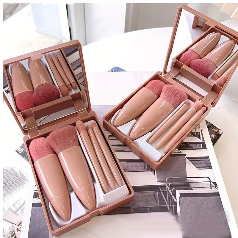 5Pcs Portable Makeup Brush Set With Mirror -  Foldable Travel Kit, Travel Makeup Brush Set