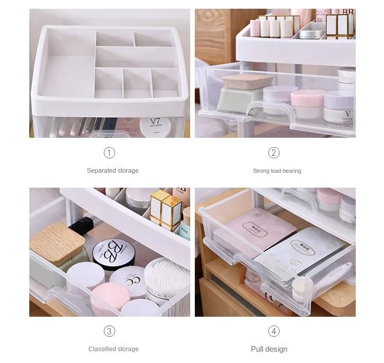 AuraNest plastic cosmetic storage box with multiple compartments for organizing makeup and beauty products.