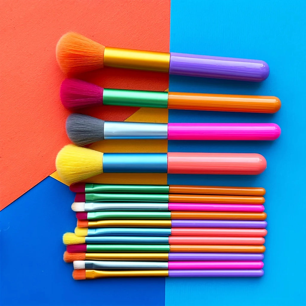 Set of 15 colorful AuraNest makeup brushes with soft bristles, ideal for blending and applying makeup smoothly.
