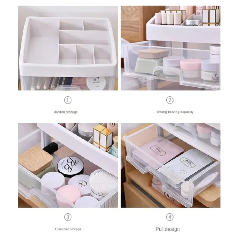 AuraNest plastic cosmetic storage box with clear compartments, ideal for organizing makeup and beauty products.