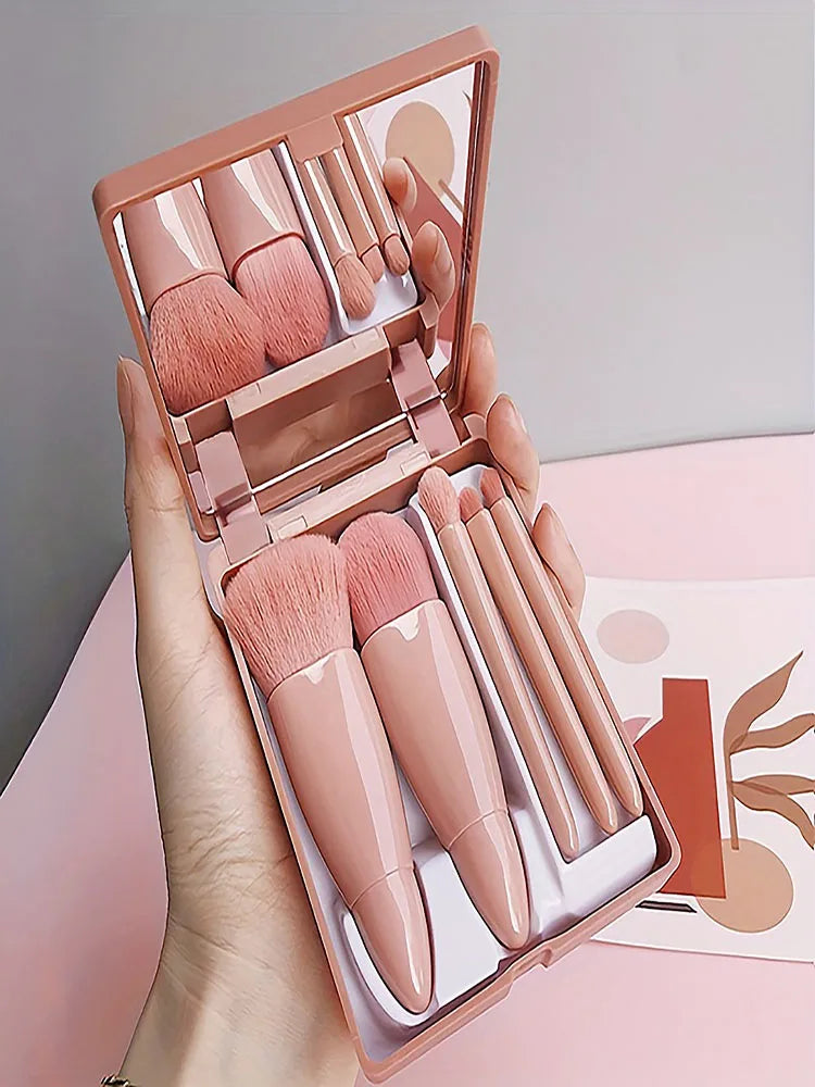 5Pcs Portable Makeup Brush Set With Mirror -  Foldable Travel Kit, Travel Makeup Brush Set
