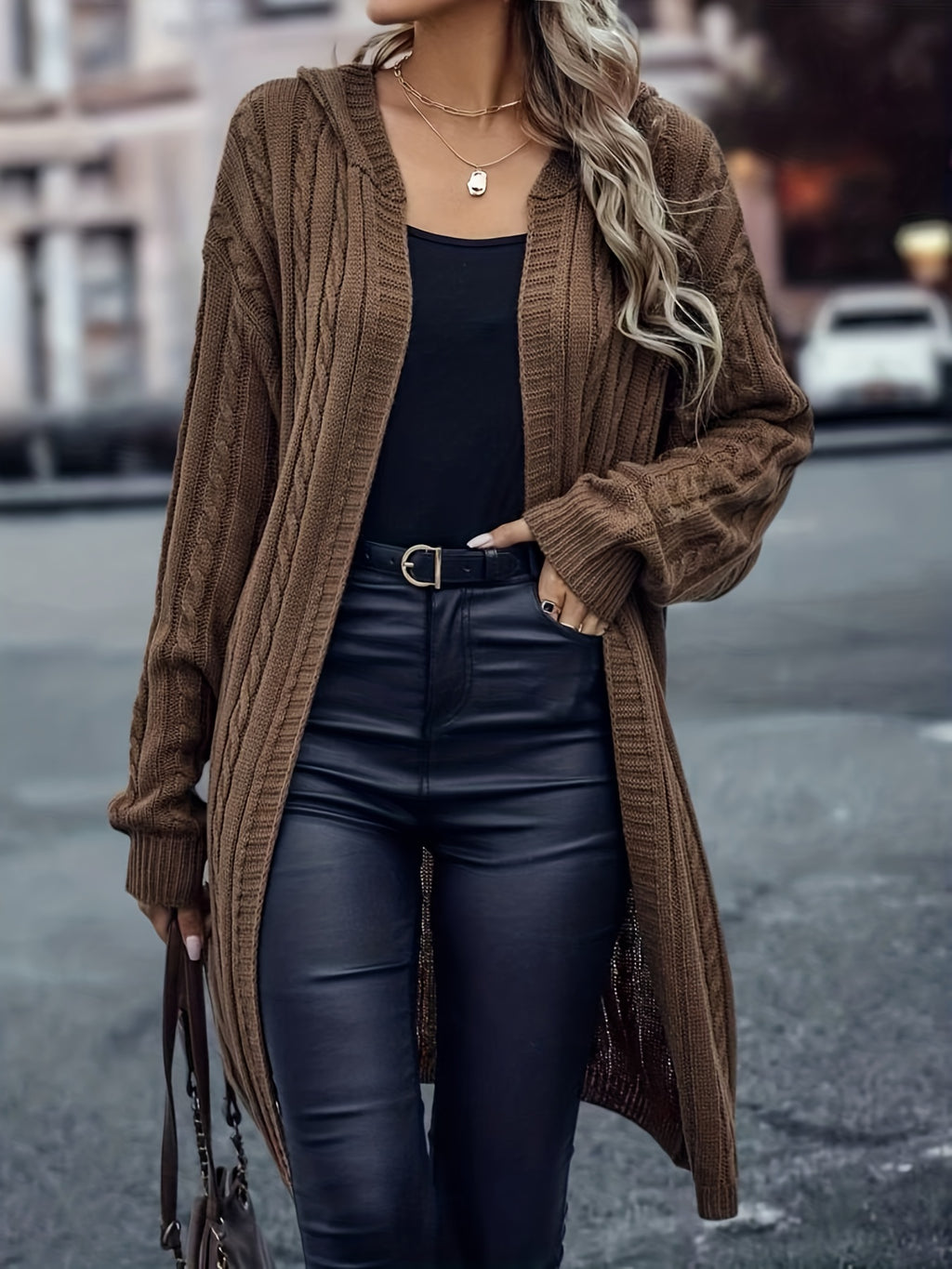 Cozy Cable Knit Hooded Cardigan - Women's Long Sleeve Sweater Coat