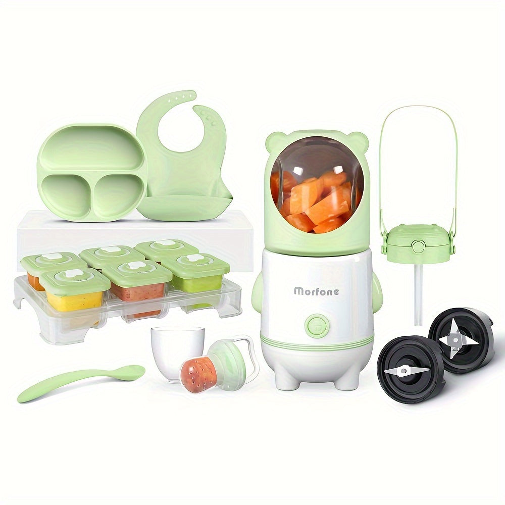AuraNest Multi-In-One Baby Food Machine with blending, steaming, and pureeing functions, shown on a kitchen countertop.