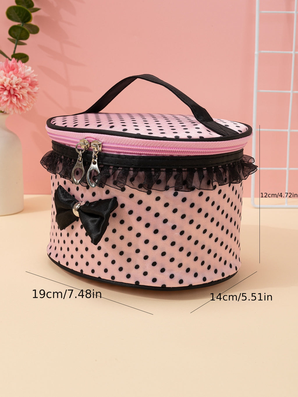 Stylish And Spacious Cosmetic Bag With Zipper And Dot Print For Travel And Makeup Organization
