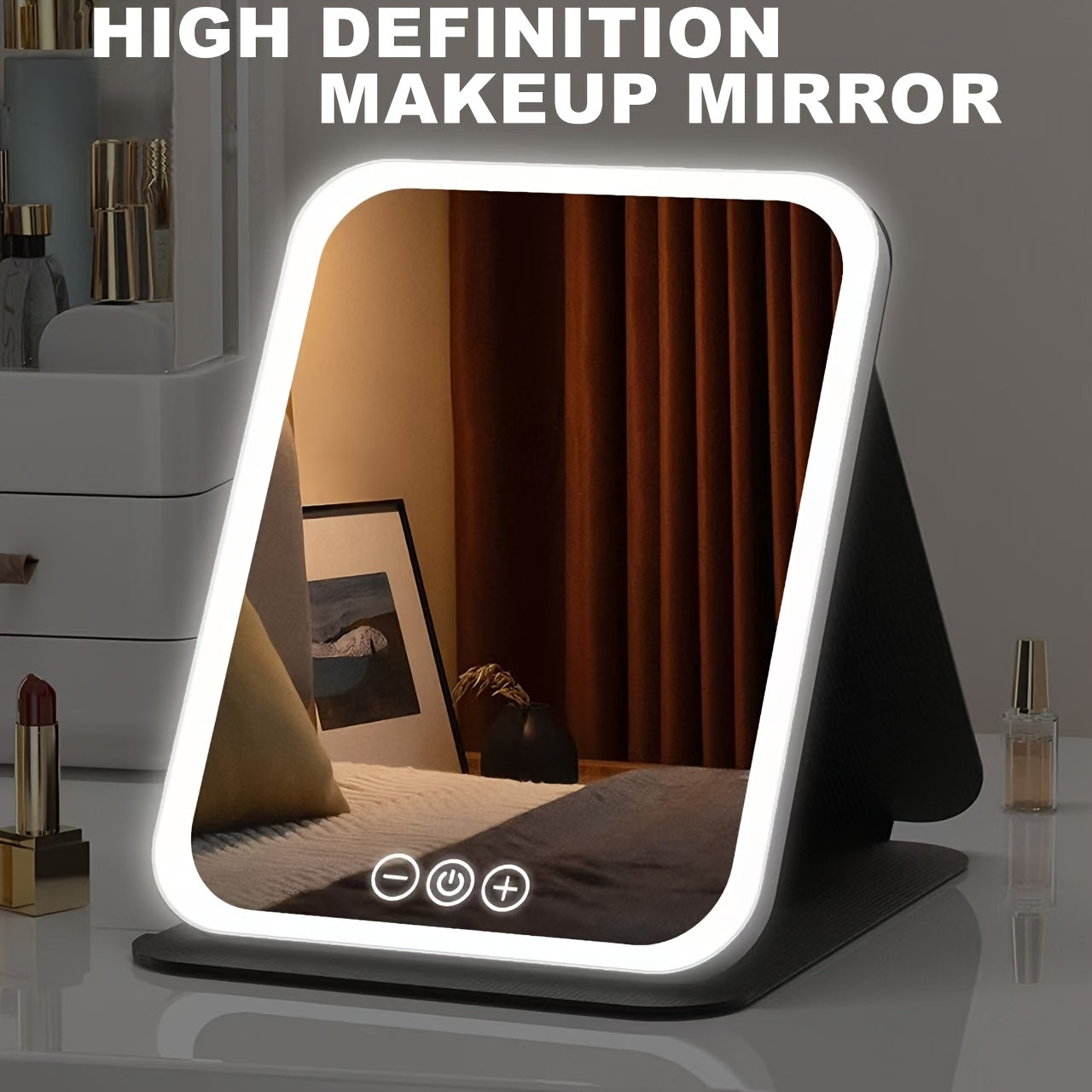 Illuminated Makeup Mirror, Travel-Friendly Lighted Beauty Mirror, Three Color Settings, Touch Screen, Rechargeable LED Folding Vanity Mirror for Cosmetics