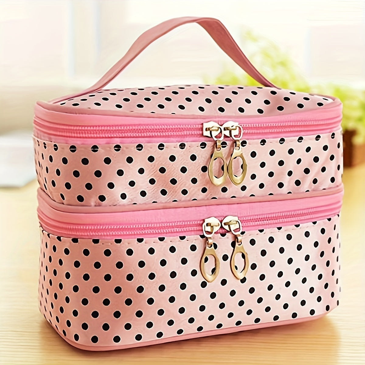 Double-layer Makeup Bag with Pink Polka Dots for Skincare Product Storage